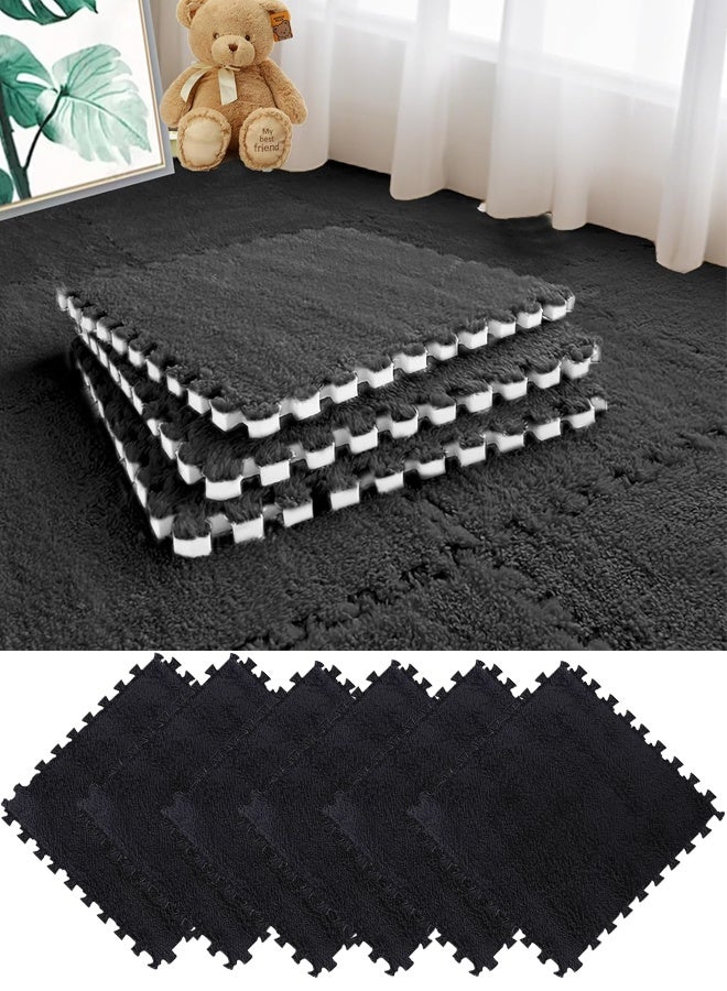 6 Pcs Plush Foam Floor Mat Square Interlocking Carpet Tiles with Border Fluffy Play Mat Floor Tiles Fluffy Area Rugs Square Soft Climbing Area Rugs DIY Floor Crawling Mat Tiles for Home Playroom Decor (Black) - Image 1